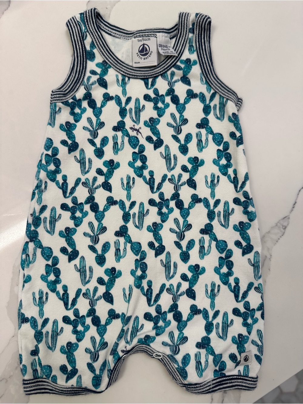 Petit Bateau White Tank Romper with Teal Cactus Print, 1m/54 cm, great condition